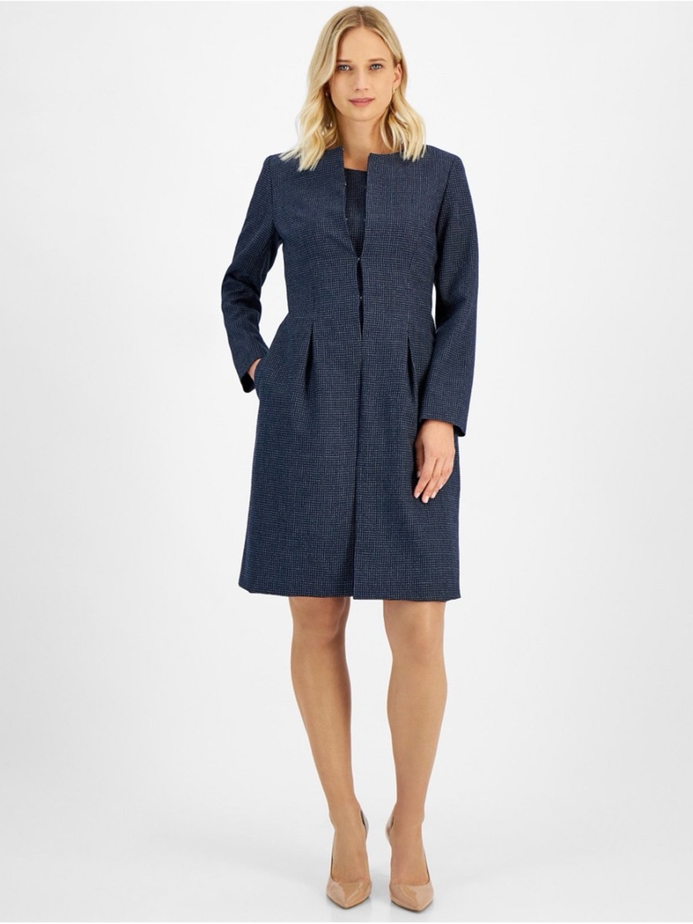 ‘Le Suit’ Collarless Jacket & Dress Set NWT Size 14 Navy Work Suit